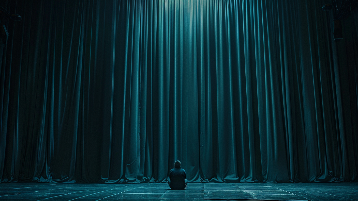 Eine Theaterbühne mit schönen, intakten Vorhängen im Vordergrund, dahinter jedoch eine ruhige, schwach beleuchtete Szene, in der eine Person still kämpft – emotionale, filmische Beleuchtung, realistischer Stil, gedämpfte Farbpalette, starker Kontrast zwischen Oberfläche und Tiefe, Metapher für verborgene emotionale Belastung, psychische Gesundheit, Pflege, Einsamkeit.