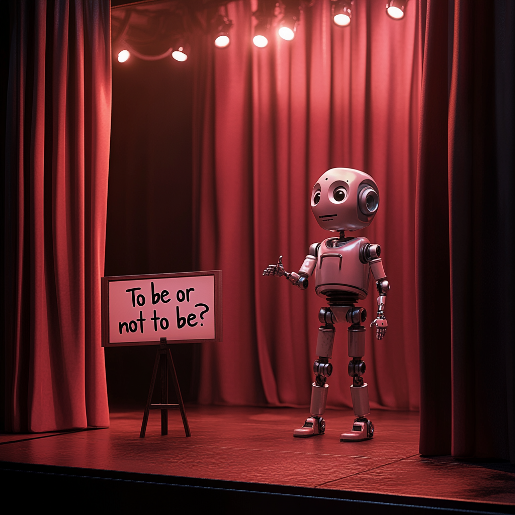 Ein humanoider Roboter steht allein auf einer Theaterbühne und versucht, einen Monolog zu performen. Das Publikum ist unbeeindruckt und verlässt den Saal. Der Roboter wirkt verzweifelt und verloren. Vor ihm steht ein Schild mit der Aufschrift „Sein oder Nichtsein?“. Die Szene wirkt unangenehm, melancholisch und ironisch – ein Kommentar zu den Grenzen künstlicher Kreativität. Gedämpftes Scheinwerferlicht, rote Vorhänge, emotionale Beleuchtung.
